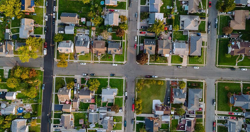Photo of a suburban neighborhood from a bird's eye view
