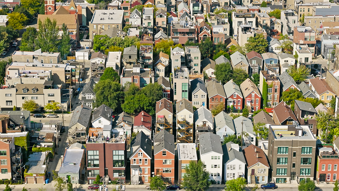 An aerial image of houses