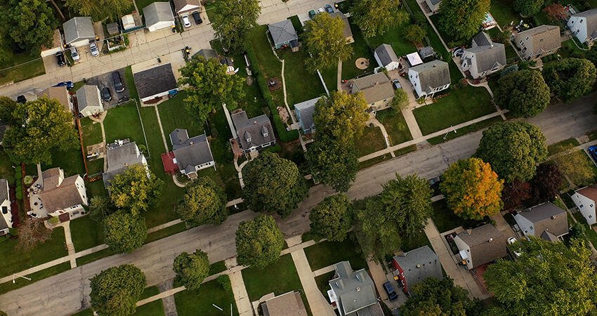An aerial view of a suburban neighborhood