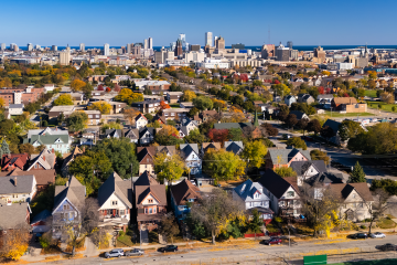 An aerial image of Milwaukee on a sunny clear day