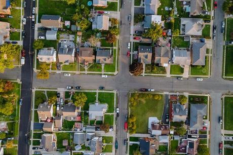 Photo of a suburban neighborhood from a bird's eye view