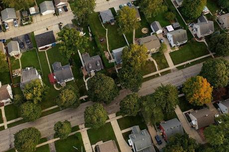 An aerial view of a suburban neighborhood