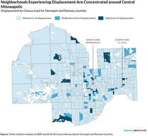 Map showing neighborhoods experiencing displacement in the Twin Cities are concentrated around central Minneapolis